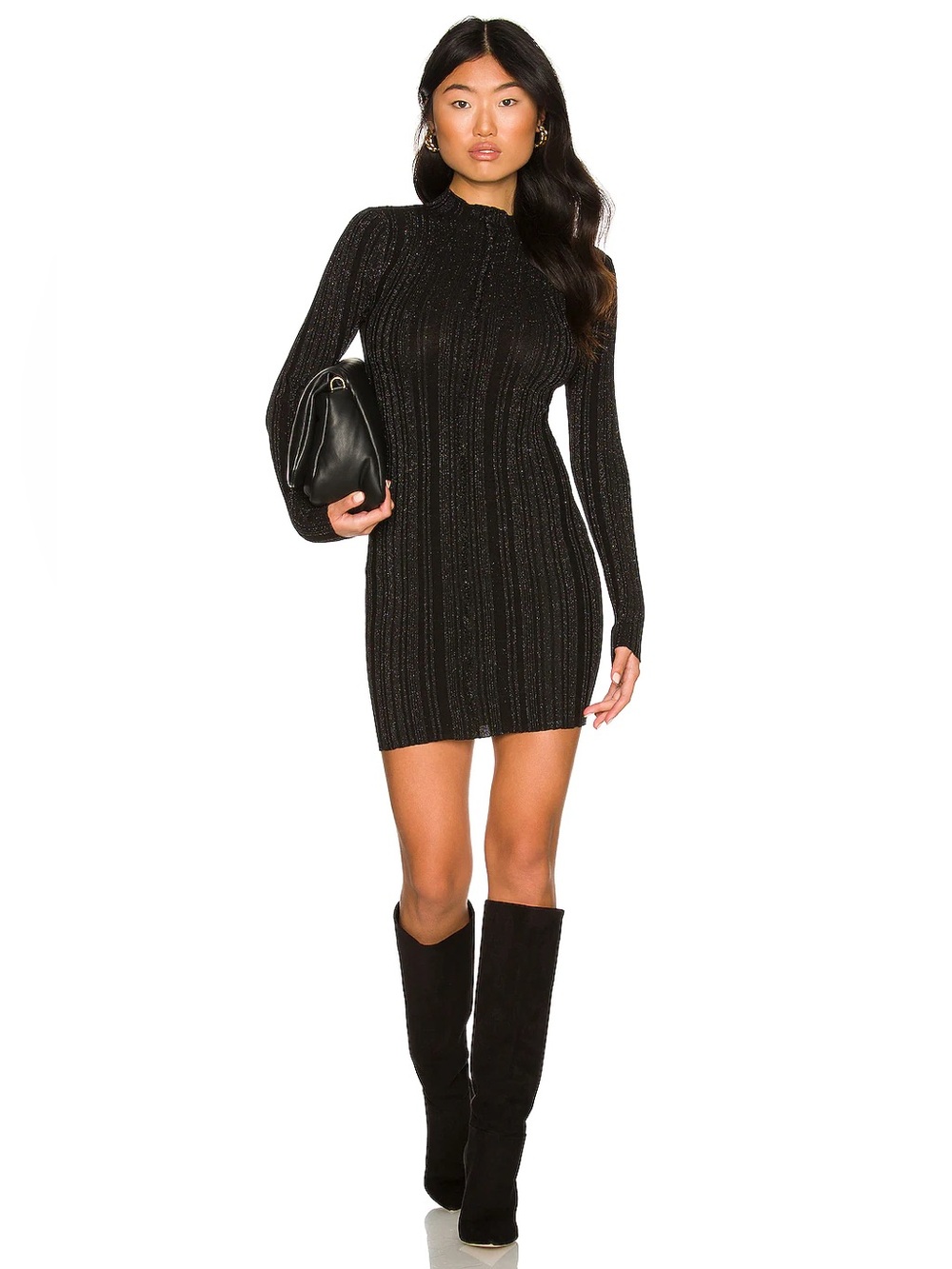 NWT L'Academie Black Metallic Ribbed Long-Sleeve Mini Dress XS Knit New